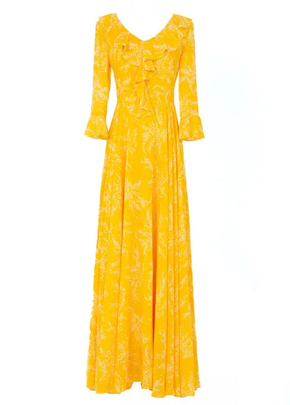Yellow Ruffled Print Slim Chiffon Maxi Holiday Dress Spring