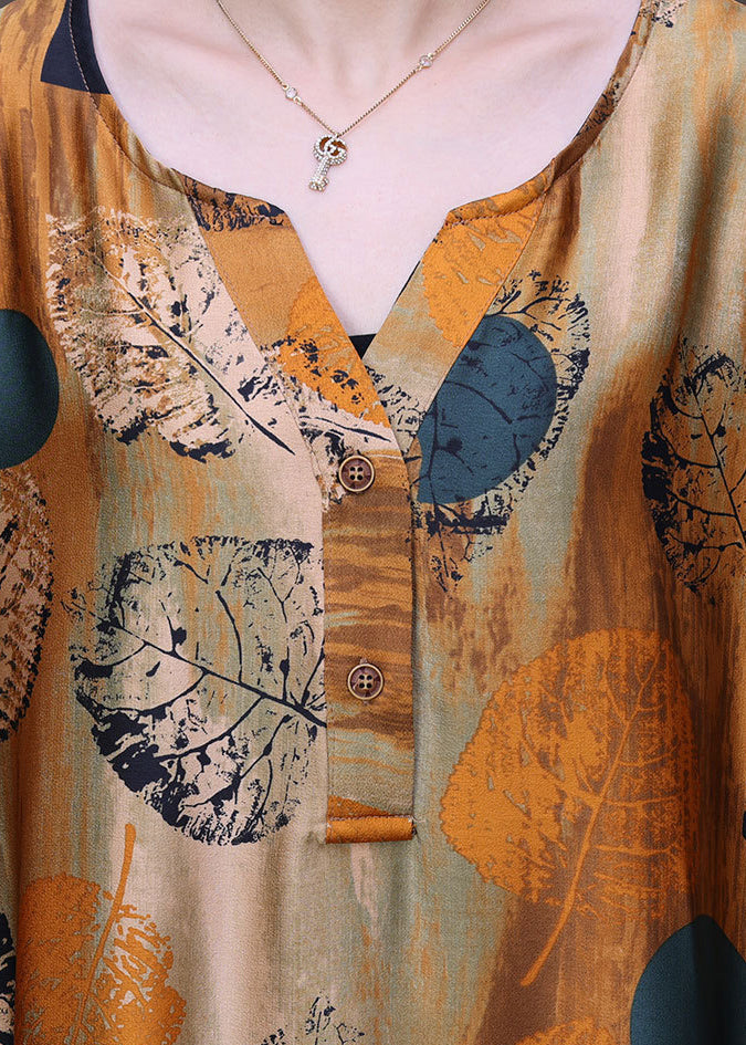 Style Yellow O-neck Wrinkled Print Silk Long Dress Half Sleeve