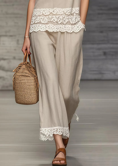 Khaki V Neck Lace Patchwork Two Piece Set Clothing Summer