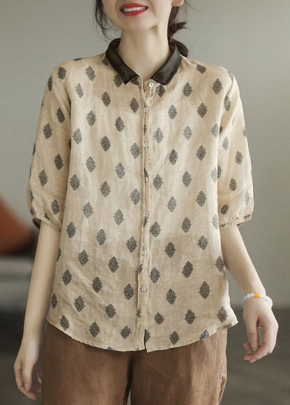 Colour 1 Peter Pan Collar Print Button Linen Shirt Half Sleeve