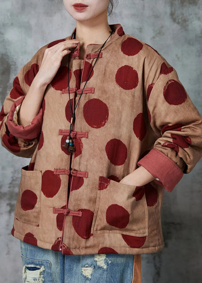 Orange Print Chinese Button Fine Cotton Filled Coat Winter