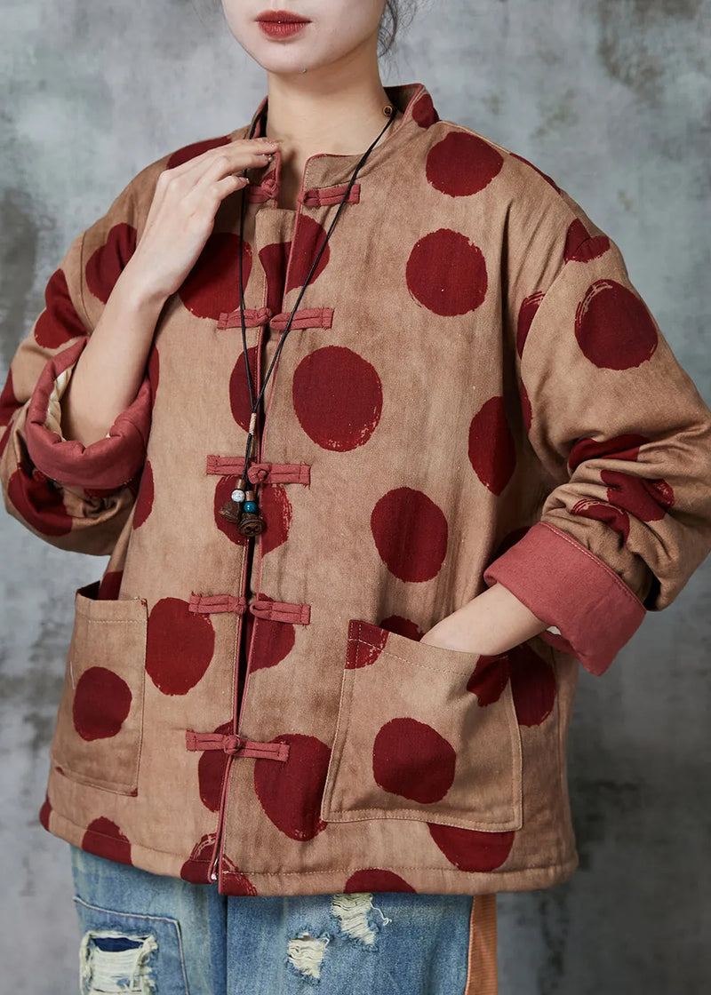 Orange Print Chinese Button Fine Cotton Filled Coat Winter