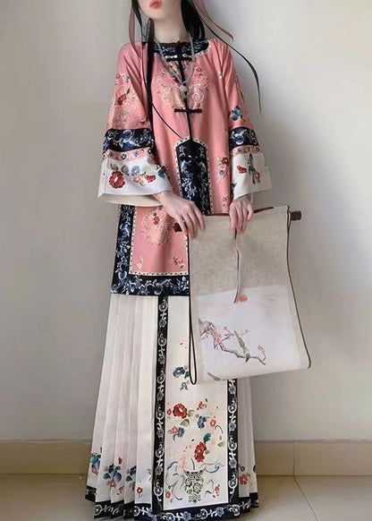 Chinese Style Blue Print Wrinkled Patchwork Silk Two Pieces Set Spring