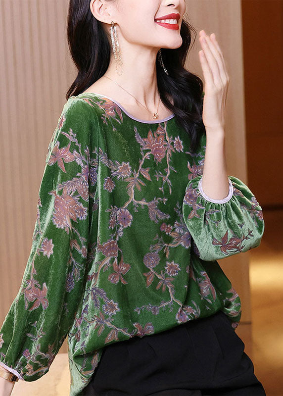 Modern Green O-neck Patchwork Velour Shirt Top Spring