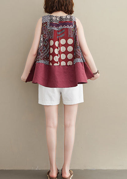 Modern Red O-neck Patchwork Print Cotton a Line Tops Sleeveless