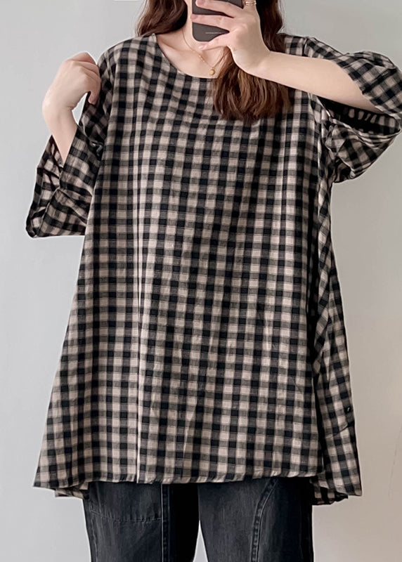 Black White Plaid Oversized Linen Long Tops Half Sleeve