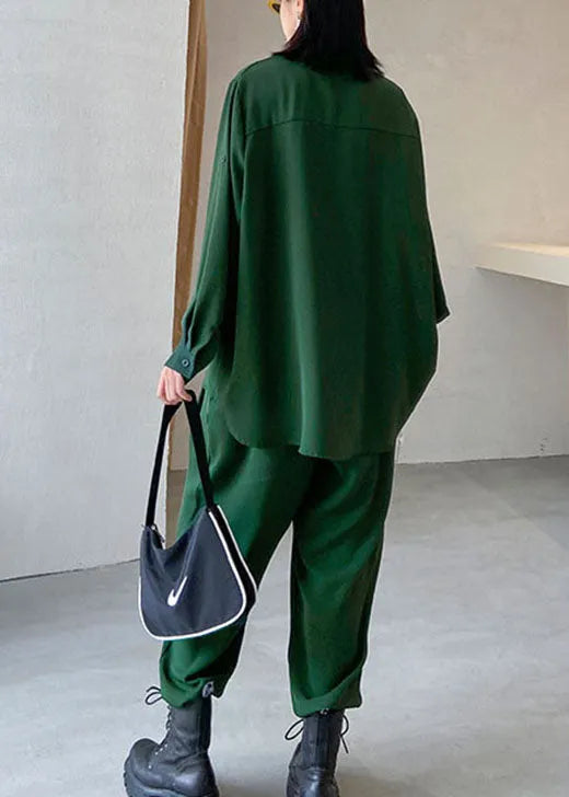 Modern Green Peter Pan Collar Button Asymmetrical Design Fall Two Piece Set