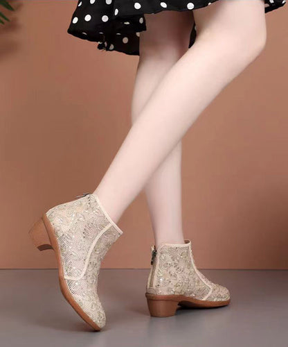 Beige Splicing Zipper Chunky Ankle Boots
