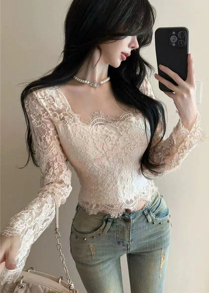 White Square Collar Silm Fit Lace Tops Spring