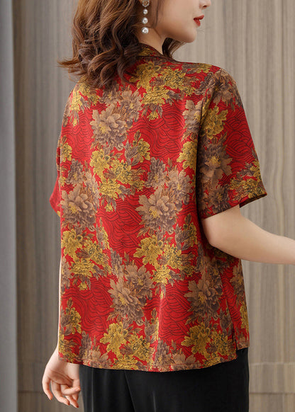 Red O-neck Print Silk Shirts Short Sleeve