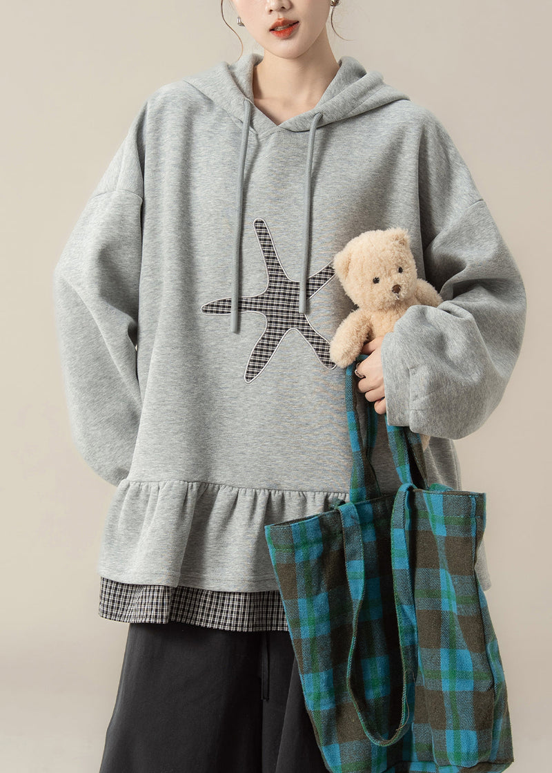 Dark Grey False Two Pieces Patchwork Hooded Cotton Sweatshirts Spring
