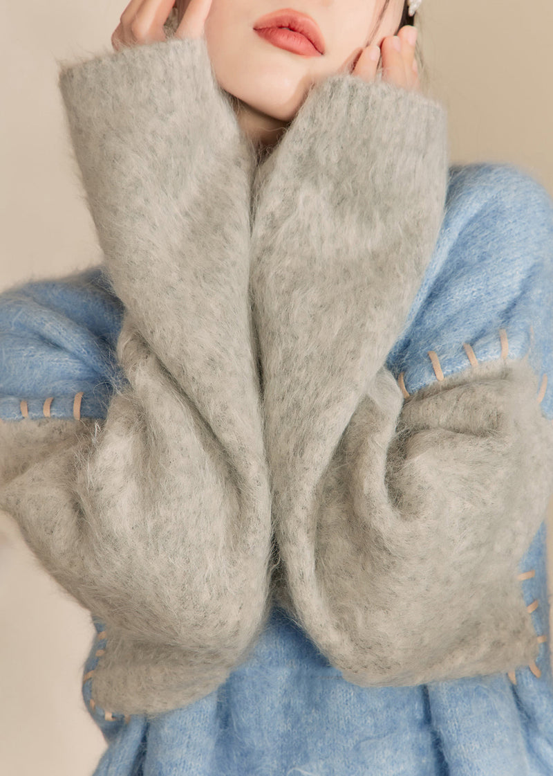 Loose Blue O-neck Patchwork Thick Cotton Knit Sweaters Winter