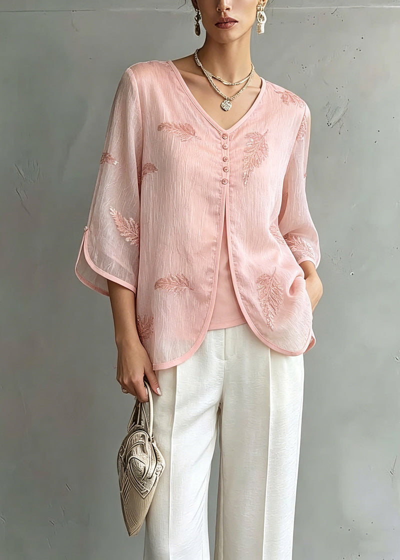 Organic Pink V Neck Print Chiffon Shirts Three Quarter Sleeve