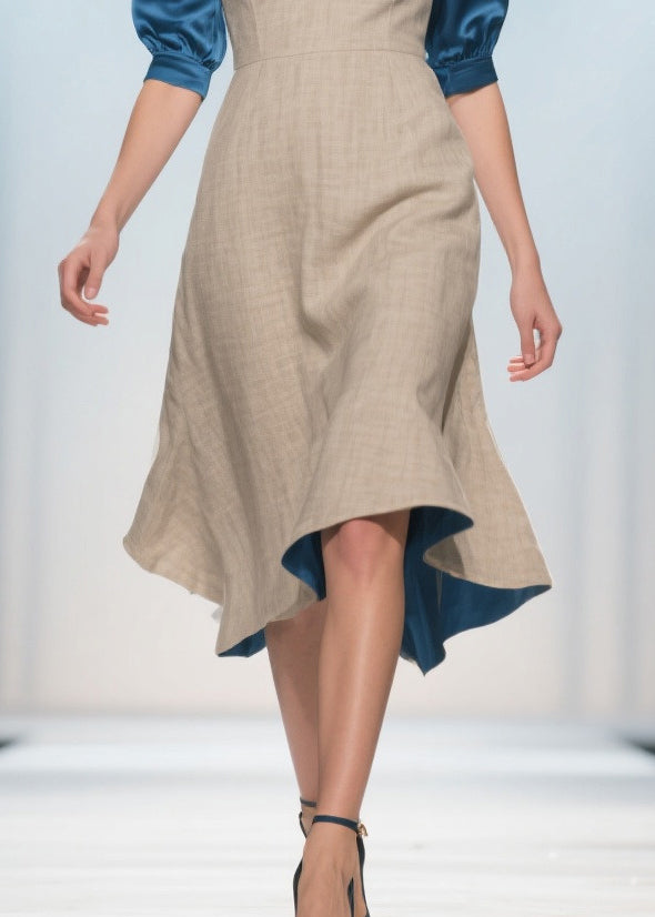 Apricot V Neck Patchwork Linen Silk Fake Two Piece Dress Summer