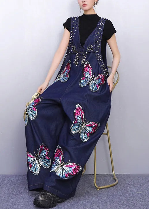 Urban Style Blue Denim Jumpsuit Sparkling Butterfly Patches