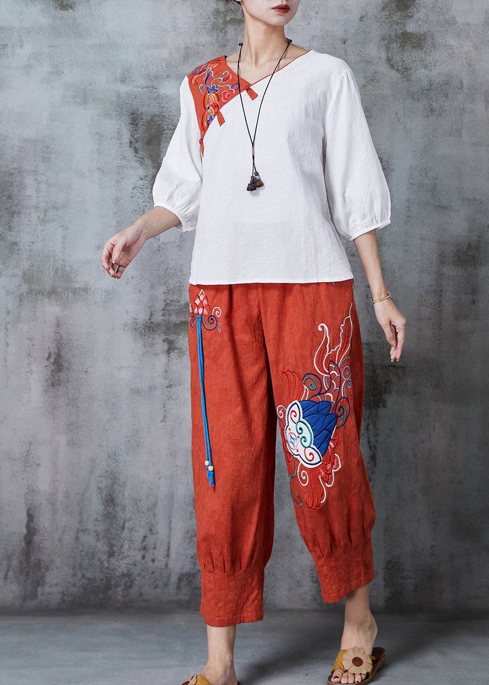 White Oriental Linen Two Piece Set Clothing Embroidered Summer