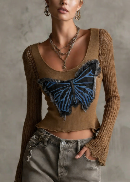 Coffee Butterfly Patch Hollow Out Knit Top Flare Sleeve