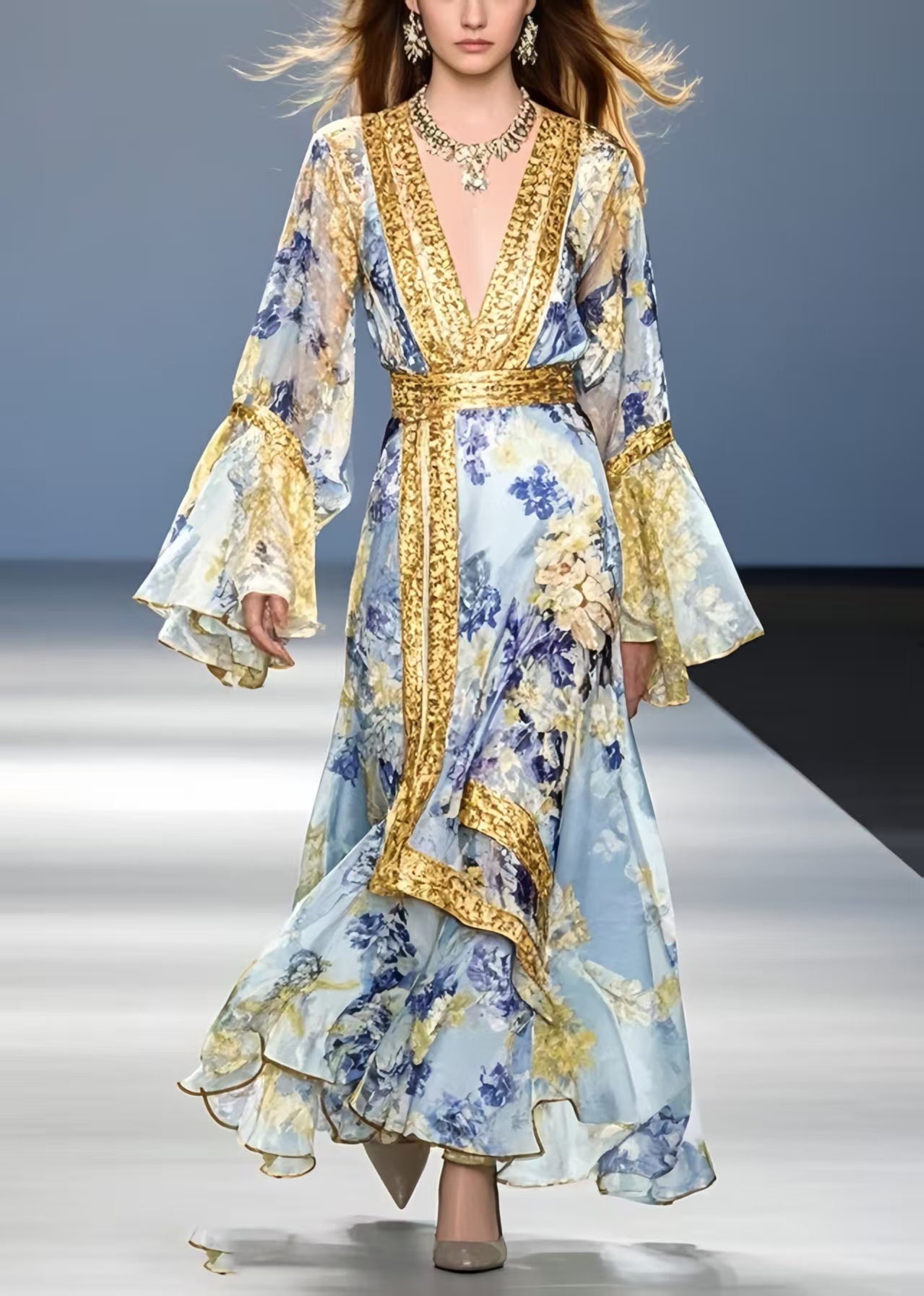 Blue Print Patchwork Chiffon Holiday Dress Flare Sleeve Spring