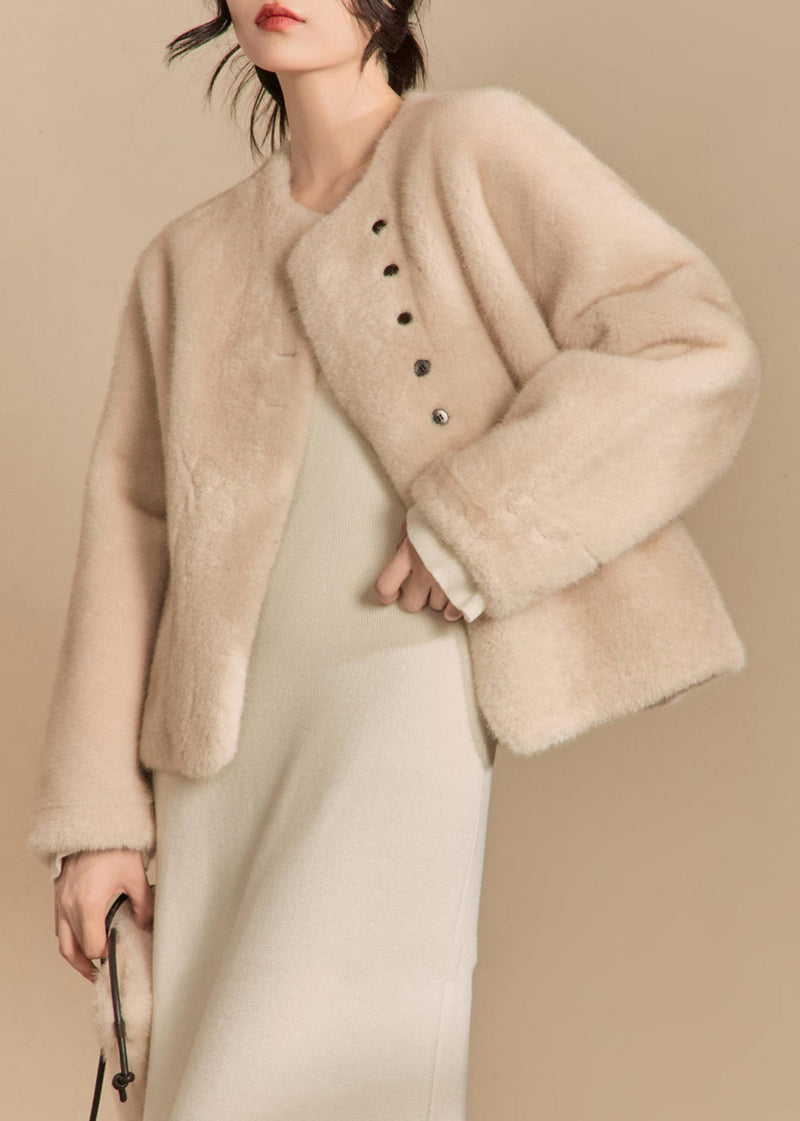Apricot O-neck Button Fluffy Coats Winter