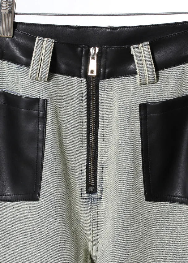Pockets Faux Leather Patchwork Denim Wide Leg Pants Fall
