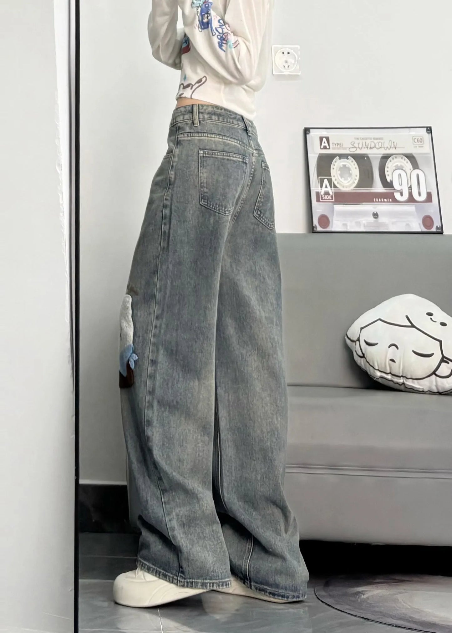 Blue Embroidered Character Denim Pants Spring