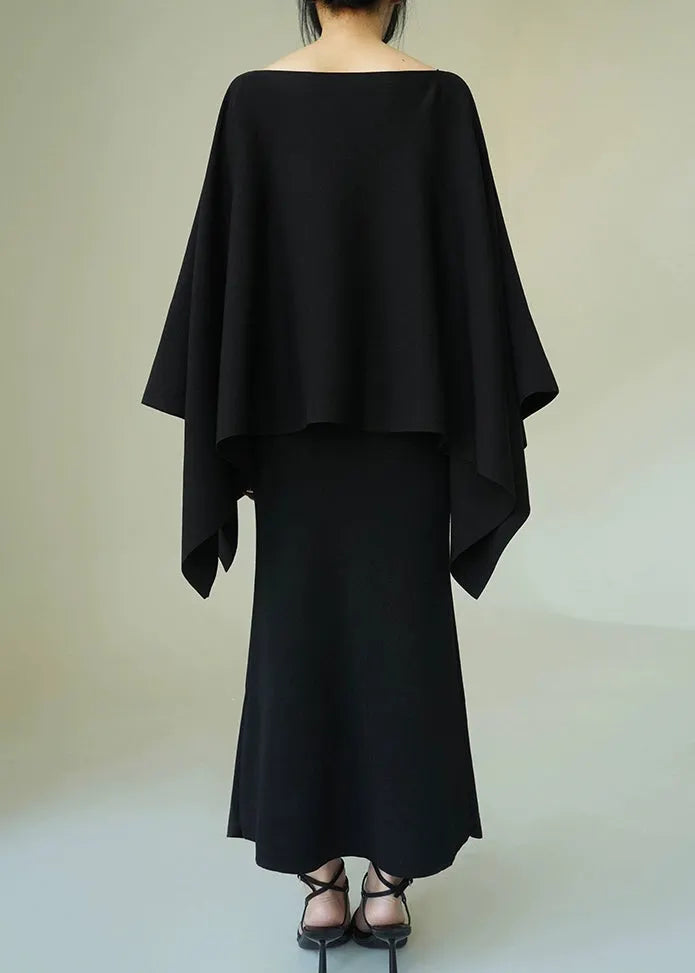 Black Knit Two Pieces Set O-neck Batwing Sleeve