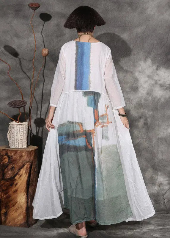 White Print Cotton Long Dress Spring