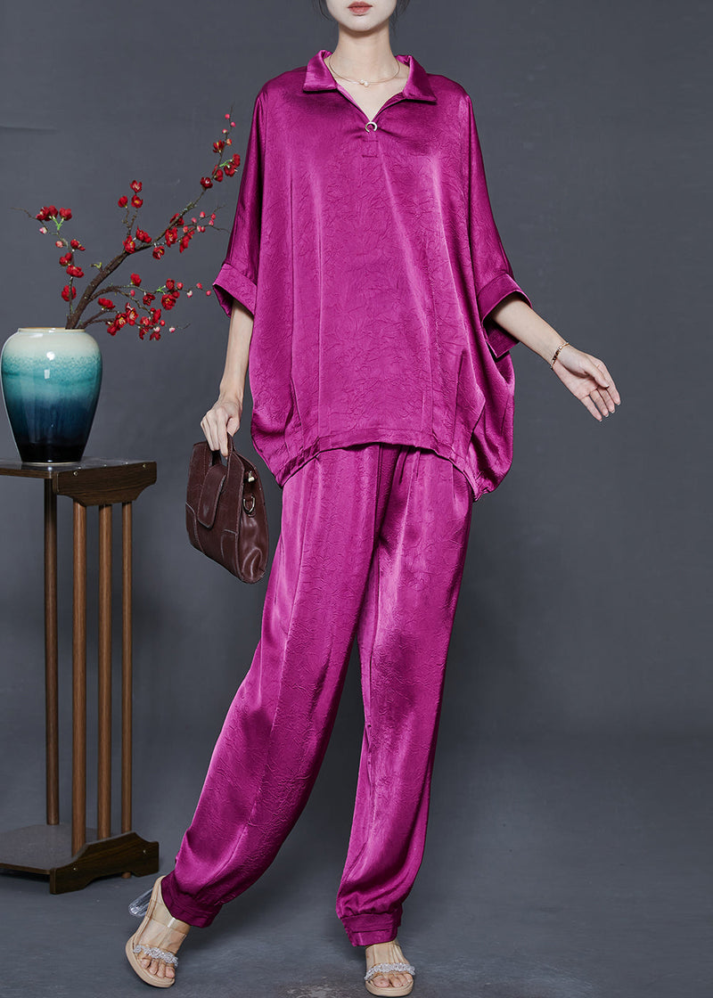 Stylish Purple Oversized Wrinkled Silk Sets 2 Pieces Summer