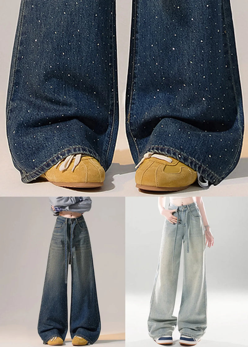 Light Blue Gradient Color Pockets High Waist Denim Pants Zircon