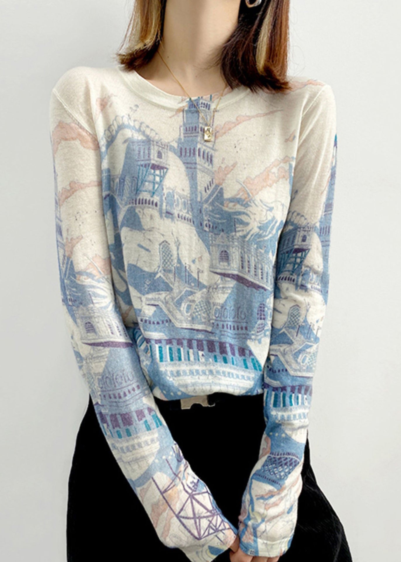 Blue O Neck Print Patchwork Knitting Cotton Top Long Sleeve