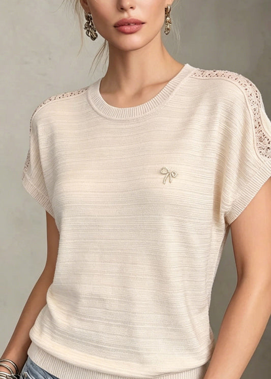 Boutique Beige O Neck Zircon Ice Silk Knit T Shirt Summer