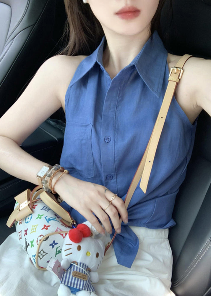 Blue Peter Pan Collar Button Cotton Shirt Tops Sleeveless