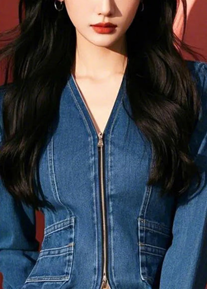 Blue V Neck Zip Up Slim Fit Denim Top Fall