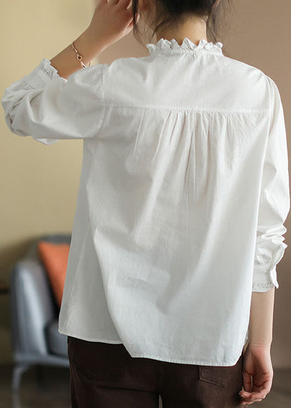 Unique White Ruffled Wrinkled Cotton Shirt Tops Spring