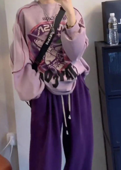 Purple O-neck Print Pullover and Beam Pants Two Piece Set Fall