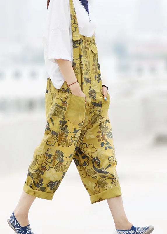 Simple Yellow Oversized Print Cotton Denim Jumpsuits Spring