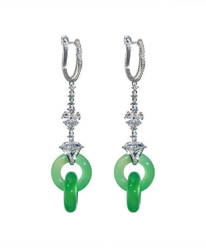 Green Sterling Silver Zircon Jade Ping Buckle Tassel Drop Earrings