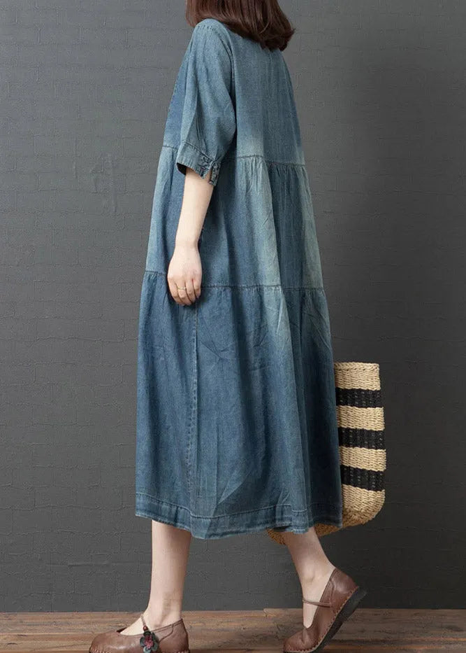 Denim Blue V Neck Patchwork Dresses Half Sleeve
