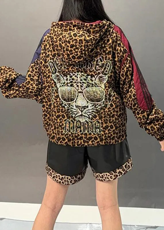 Leopard Patchwork Zippered Hoodies Coats Spring