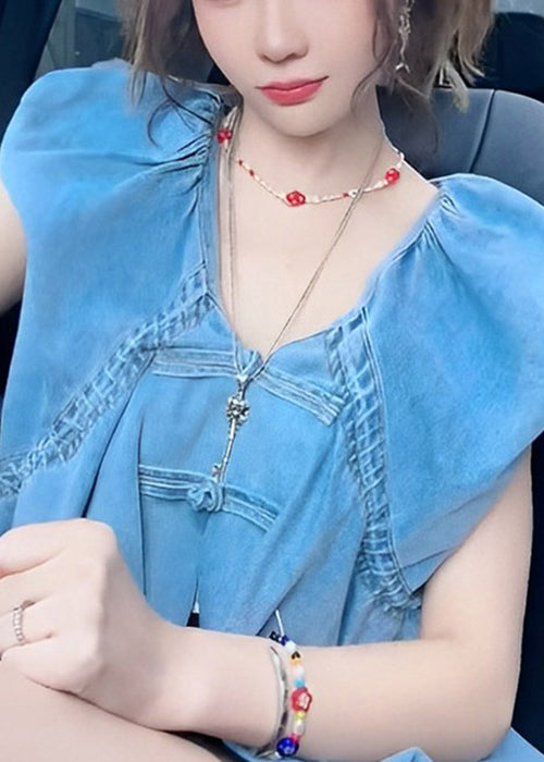 Blue V Neck Button Denim Tops Sleeveless