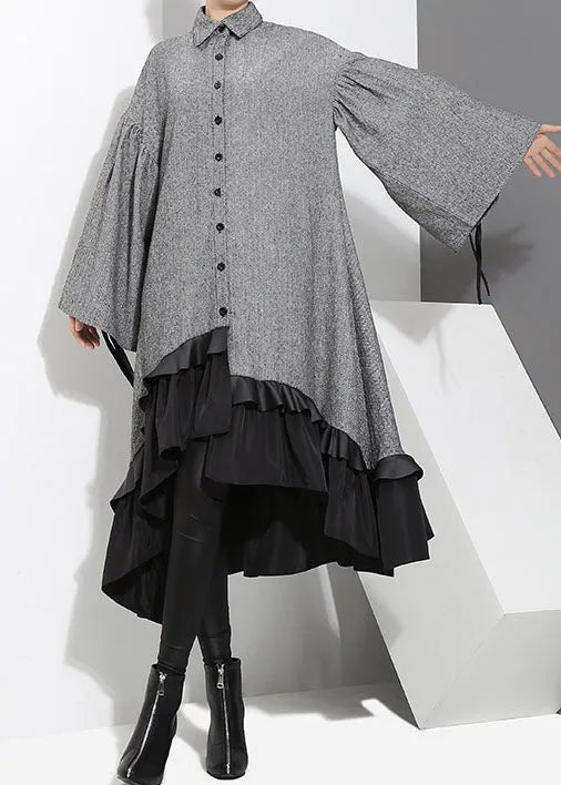 Art Grey Low High Design Ruffled Patchwork Shirt Dress Spring