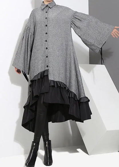 Art Grey Low High Design Ruffled Patchwork Shirt Dress Spring