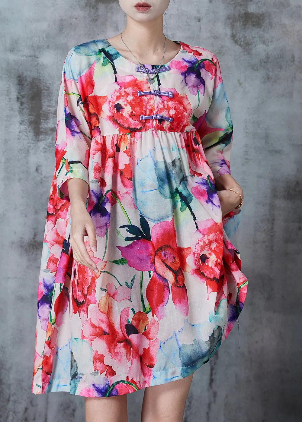 Pink Print Cotton Work Dress Chinese Button Summer