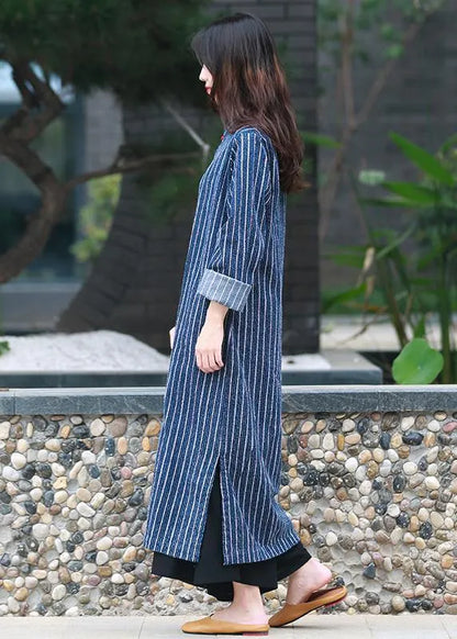 Simple Stand Collar Side Open Tunic Tutorials Denim Blue Striped a Line Dress