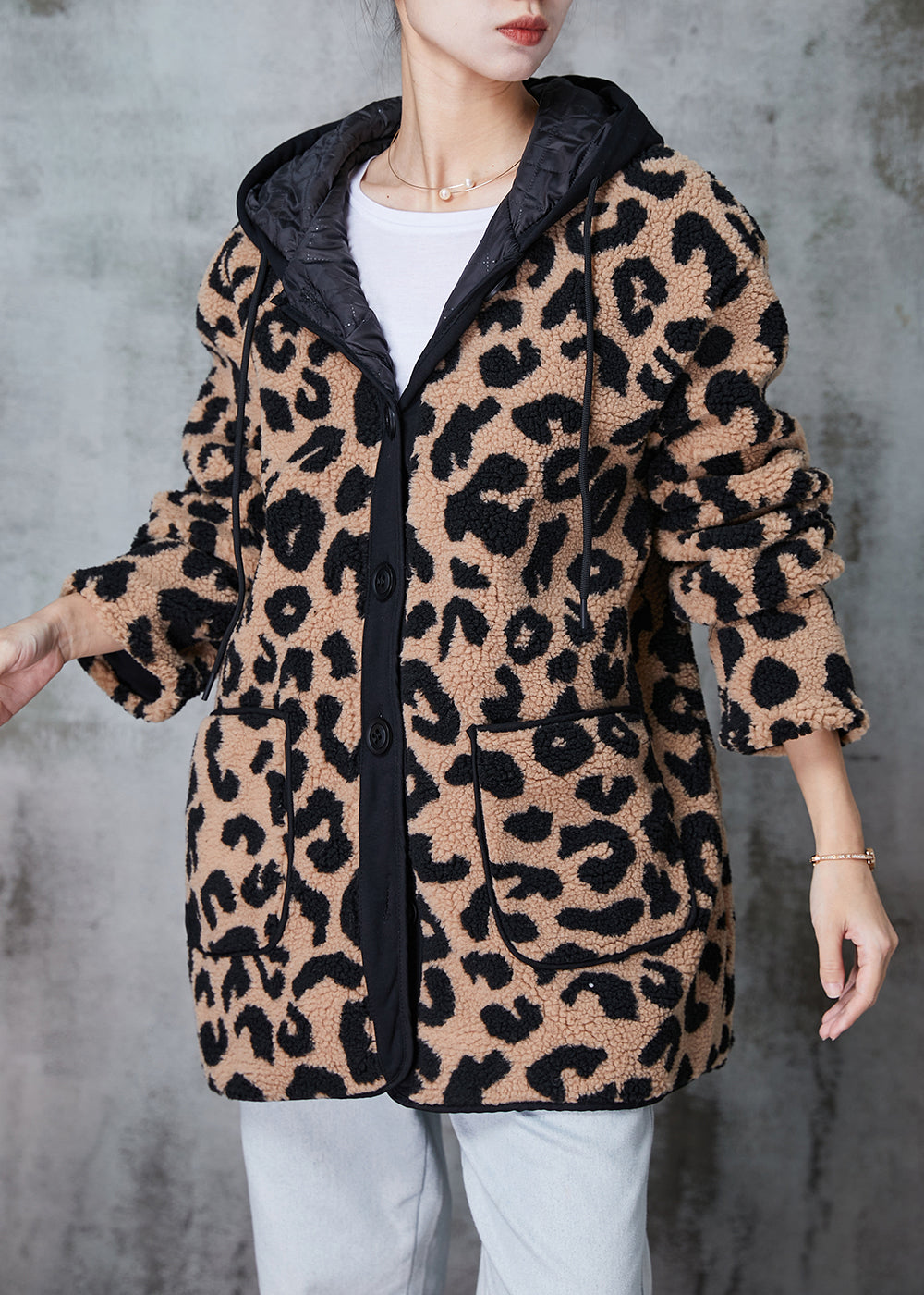 Khaki Hooded Leopard Print Fine Cotton Filled Faux Fur Coat Winter