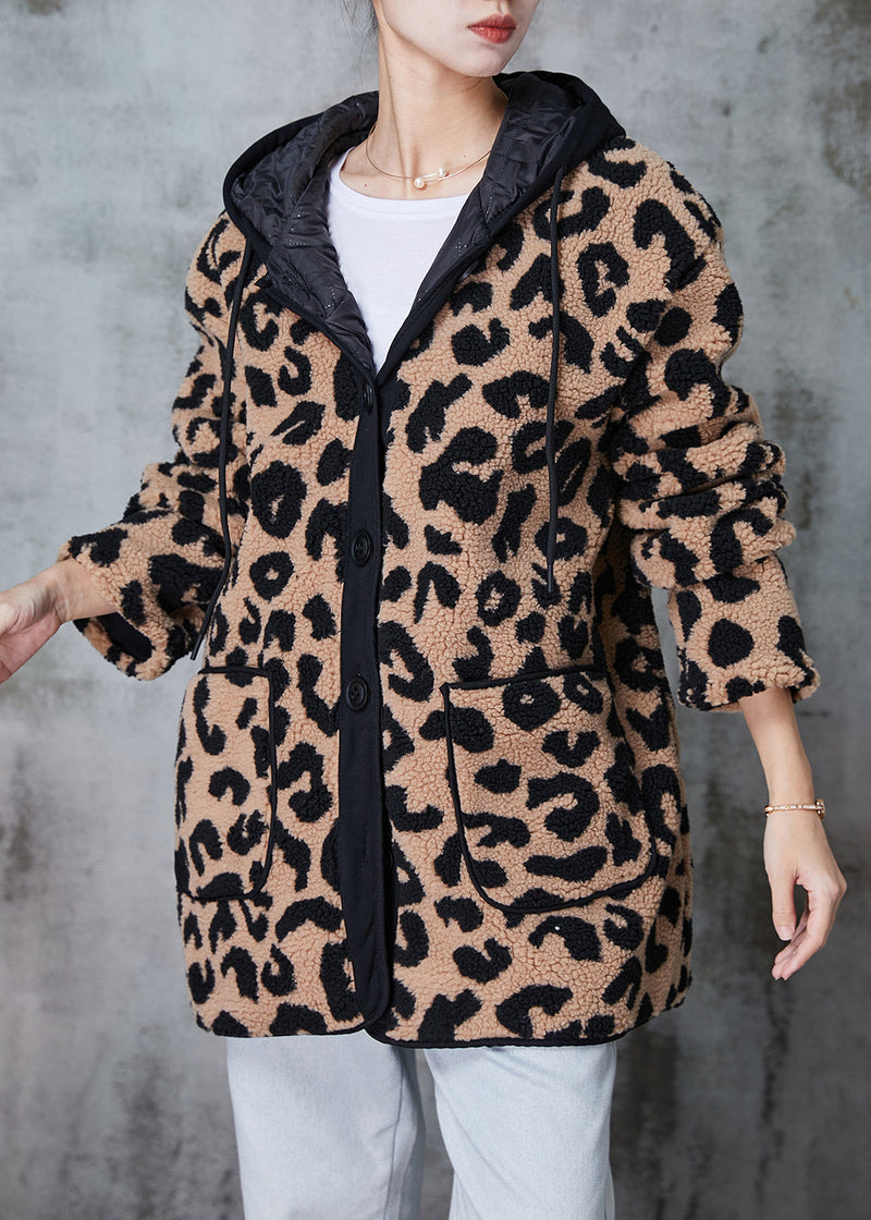 Khaki Hooded Leopard Print Fine Cotton Filled Faux Fur Coat Winter
