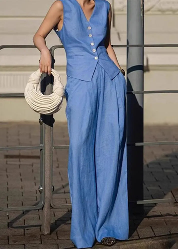 Blue V Neck Button Waistcoat and Straight Pants Two Pieces Set Sleeveless