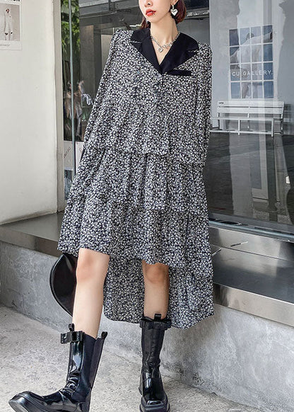 Peter Pan Collar Print Button Fall Party Dress Long Sleeve