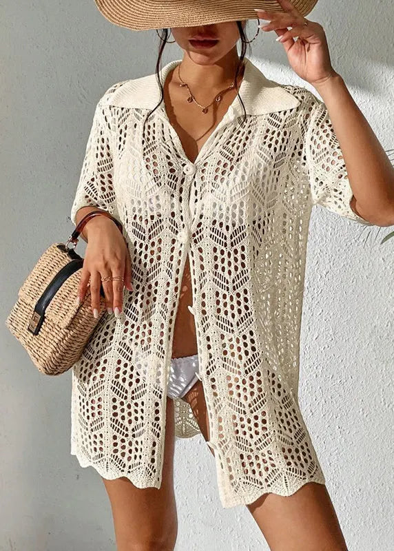 Apricot Hollow Out Knit Beach Bikini Swimsuit Cover Up