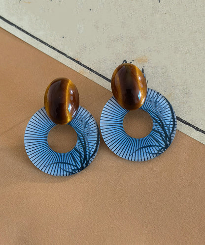 Chinese Style Blue Alloy Acrylic Amber Hoop Earrings